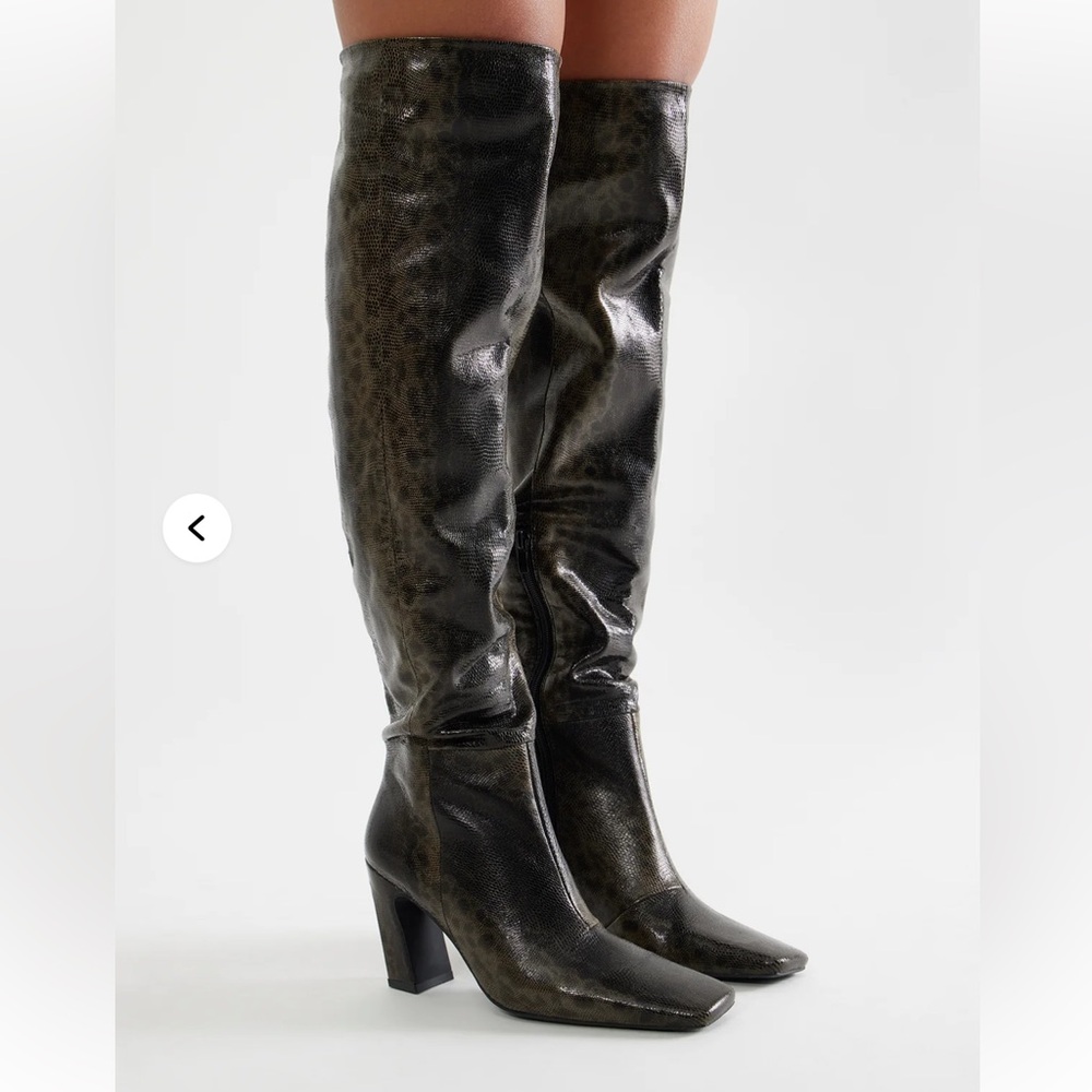 Women's Knee High Snake Print Square-Toe Block Heel Boots in Dark Olive